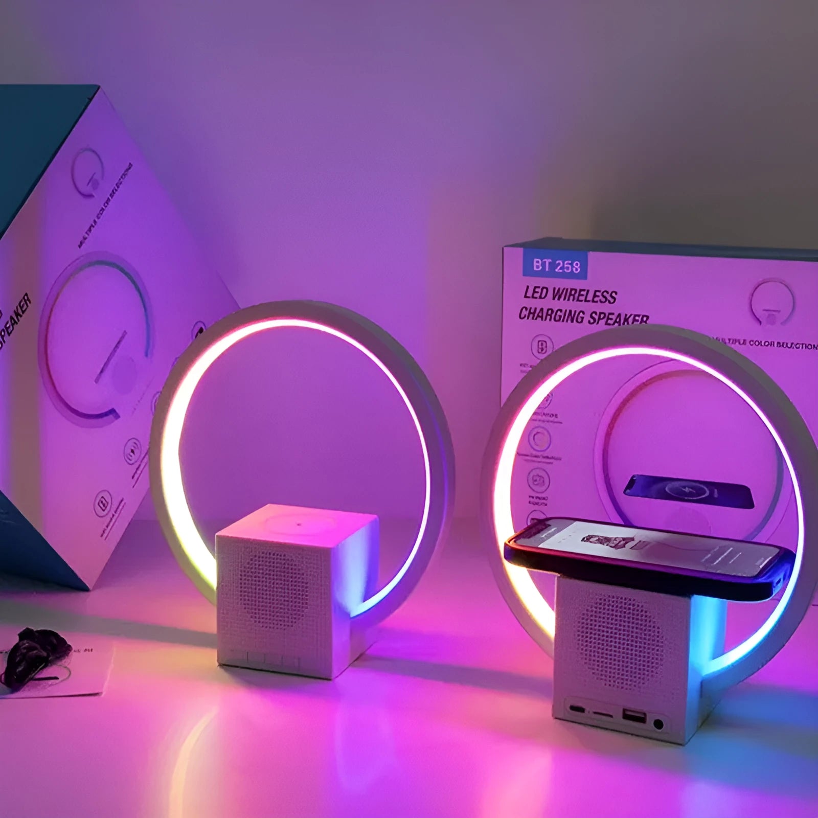 White smart ambience light Bluetooth speaker wireless charger with USB power and card insertion slot