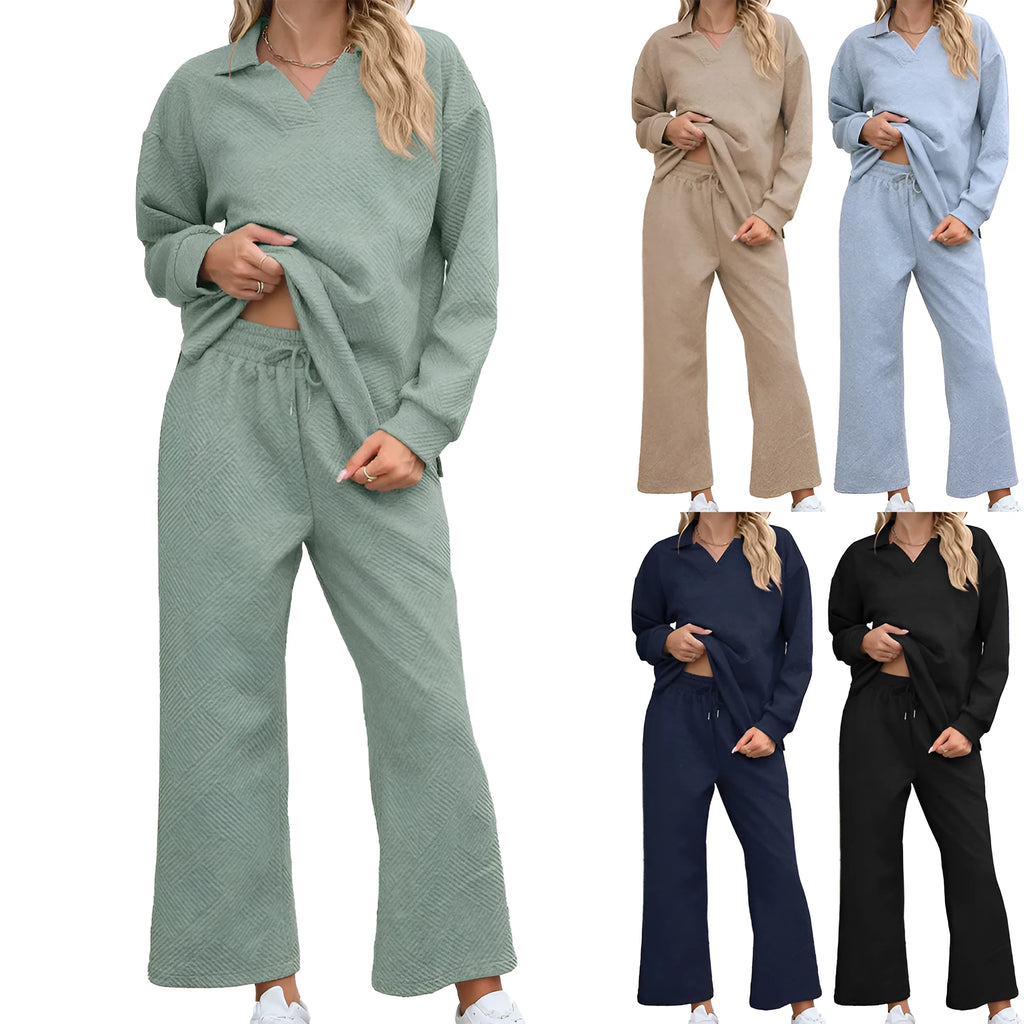 Women's black geometric pattern knitted jacquard long sleeve top and elastic waist cropped pants suit set.