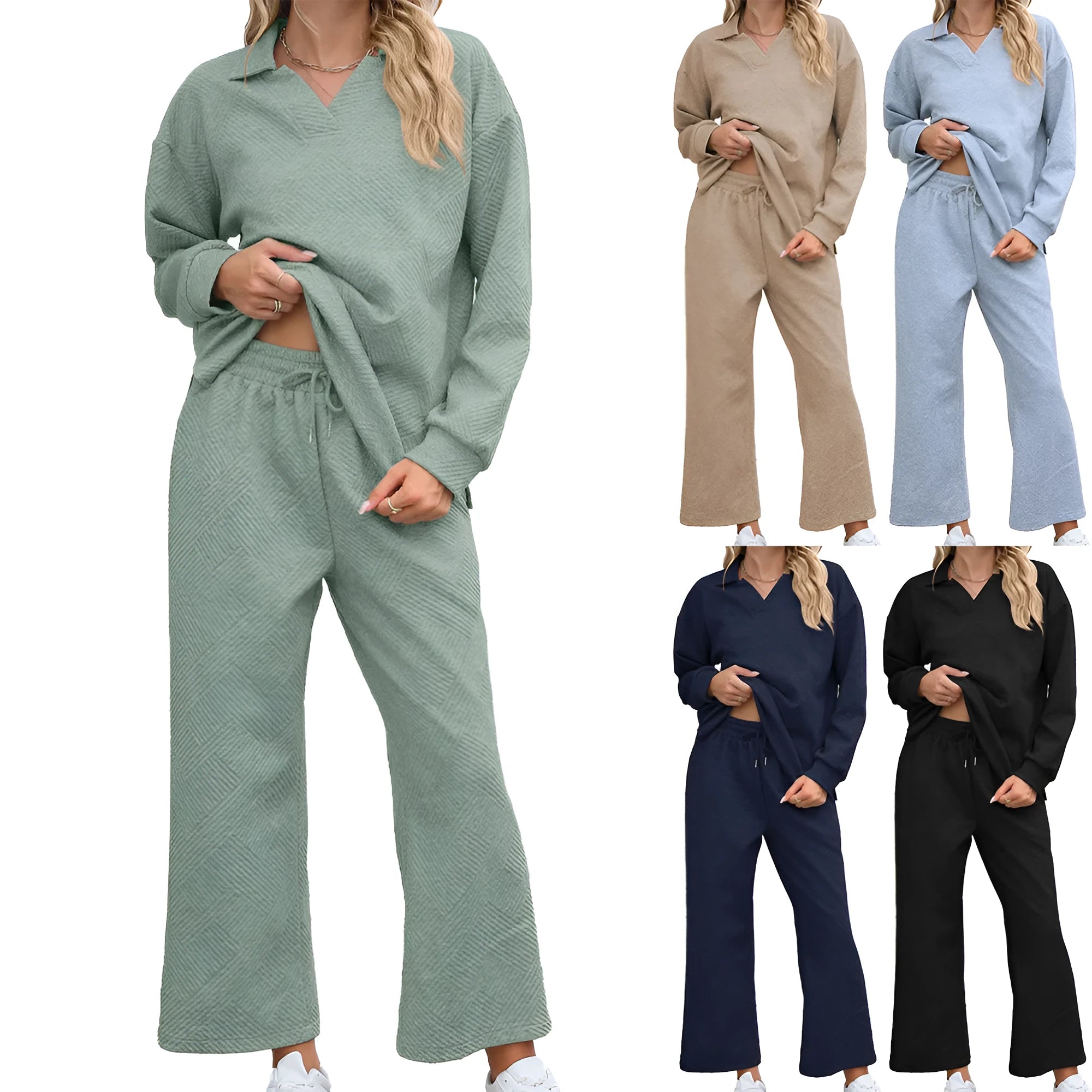 Women's black geometric pattern knitted jacquard long sleeve top and elastic waist cropped pants suit set.