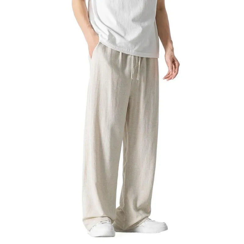 Men's bamboo fibre summer trousers in loose straight-leg cut with cropped length and drawstring waist