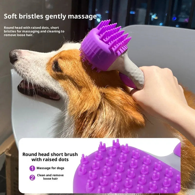 Silicone dog bath brush with lotion dispenser in blue, used for hair cleaning and massage during pet bathing