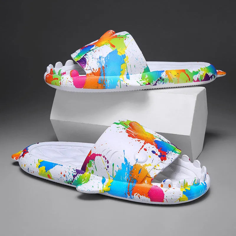 Casual beige and grey shark design EVA open-toe home slippers for men and women.