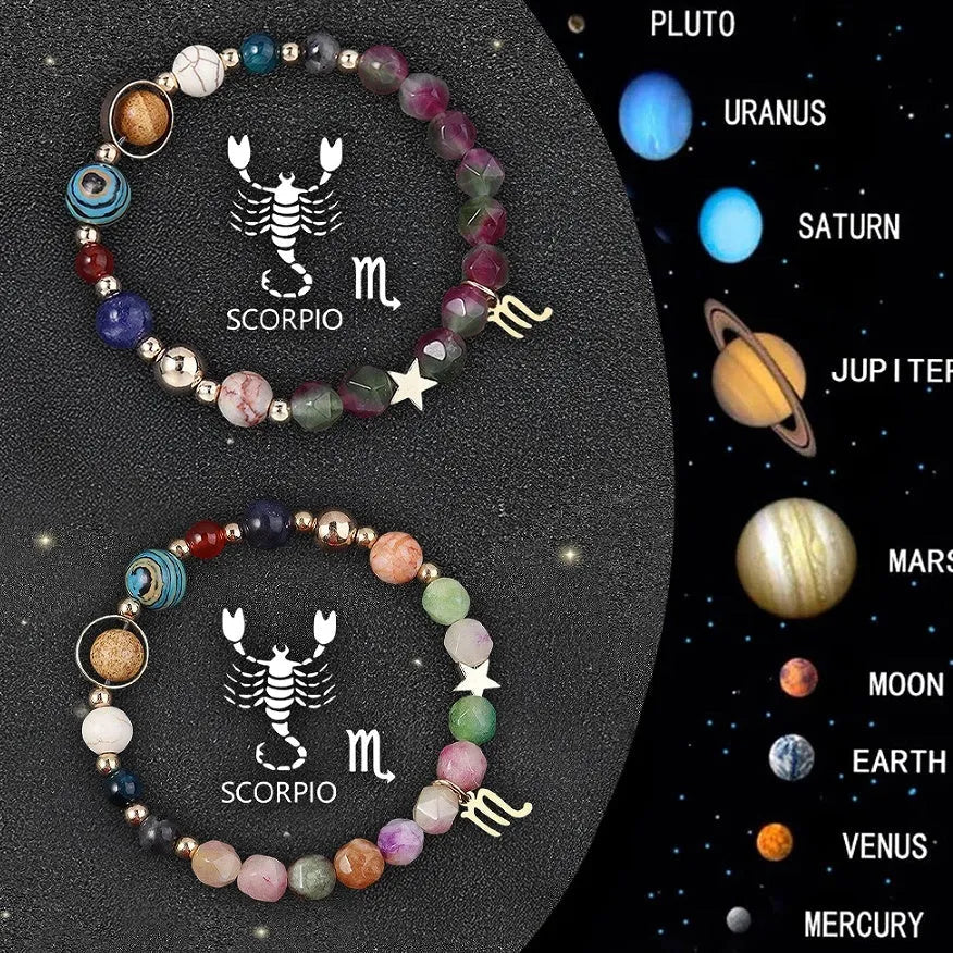 Set of two adjustable natural stone beaded bracelets showing different zodiac sign designs.