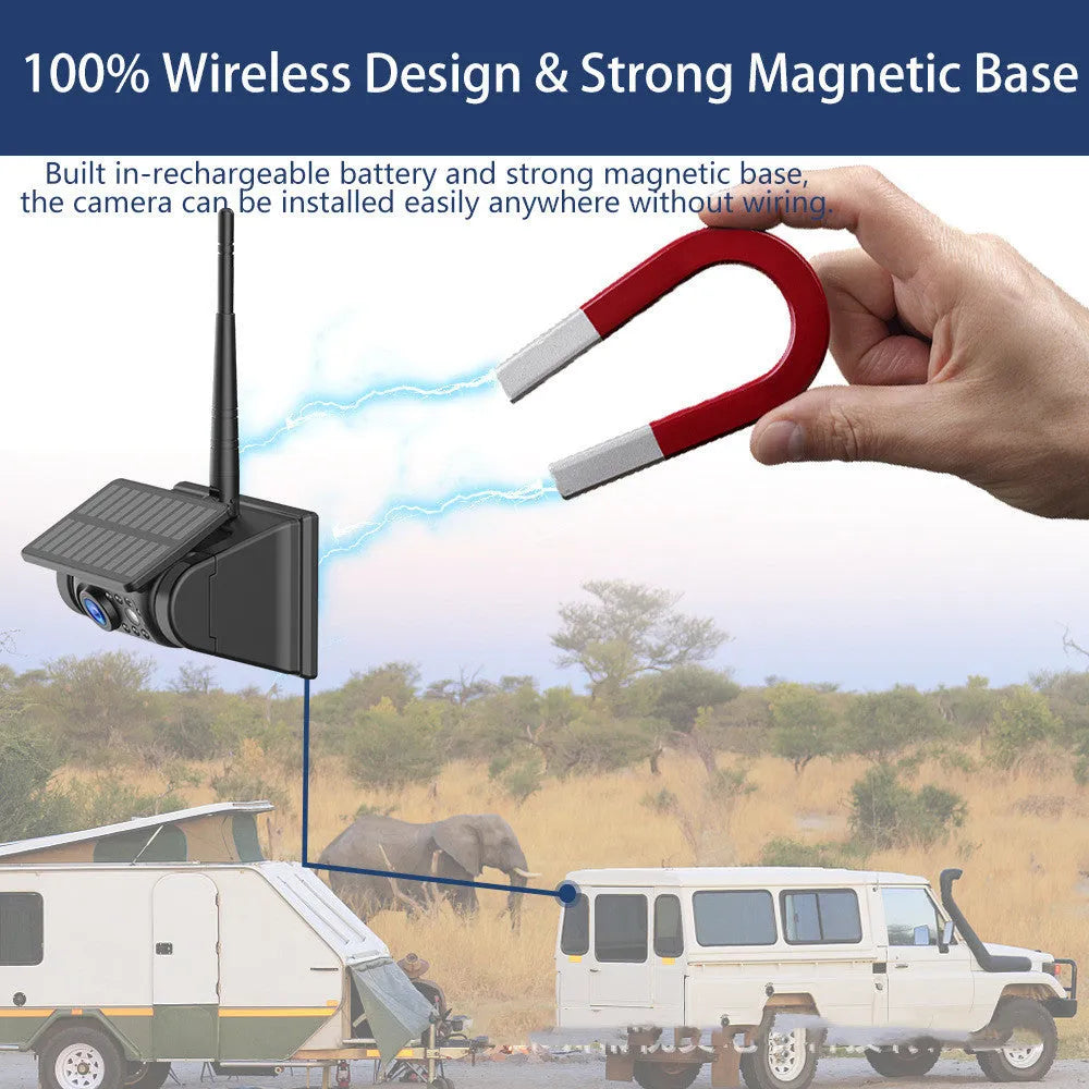 Solar wireless charging camera with aluminium alloy shell and magnet suction base for vehicle mounting.