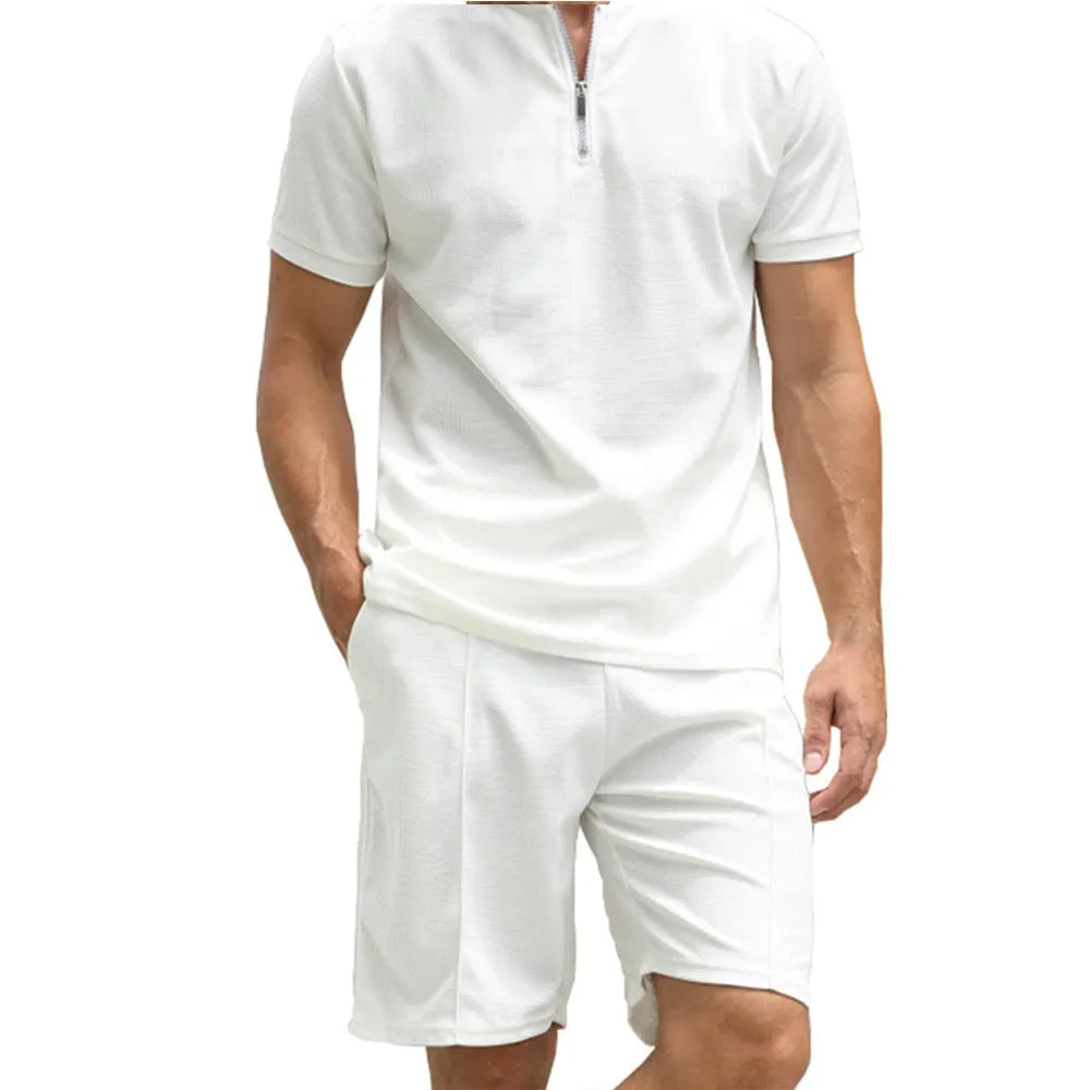 Men's solid colour polo shirt and trouser two-piece set in beaded bird's eye fabric