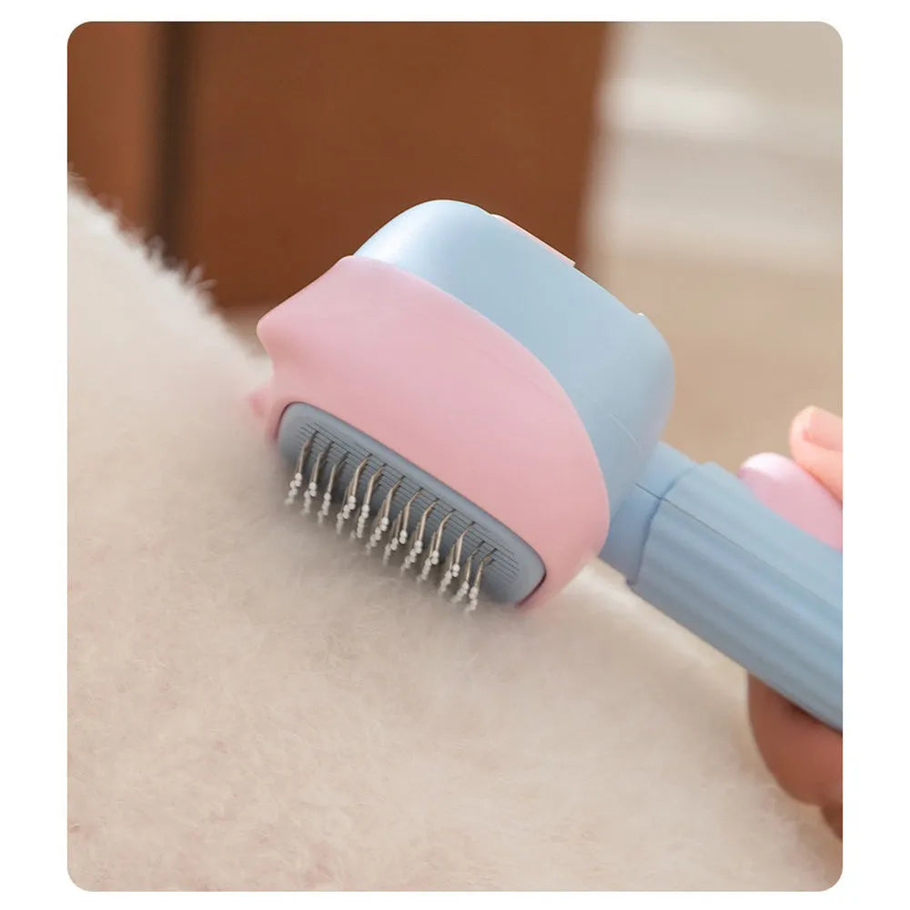 Blue pet grooming brush with double-sided deshedding rake and dematting comb tool