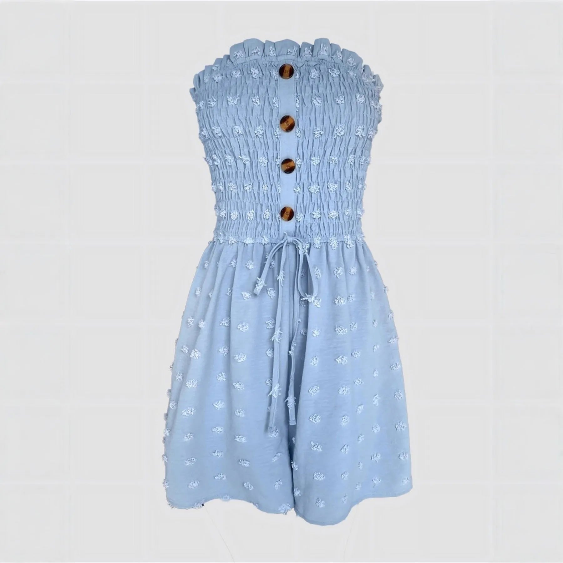 Women's blue off-shoulder jumpsuit with button detail and fifth pants length