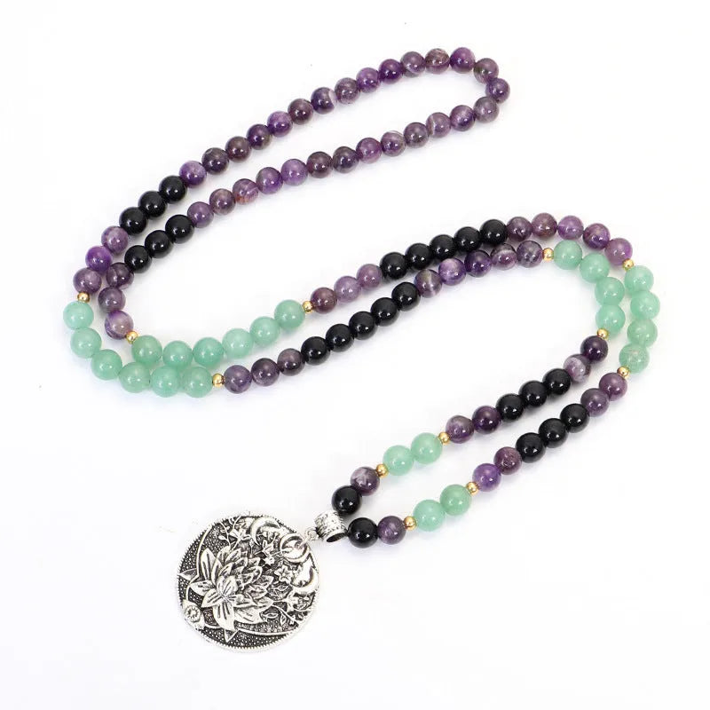 Geometric lotus pendant necklace and bracelet set with stone beads and adjustable chain