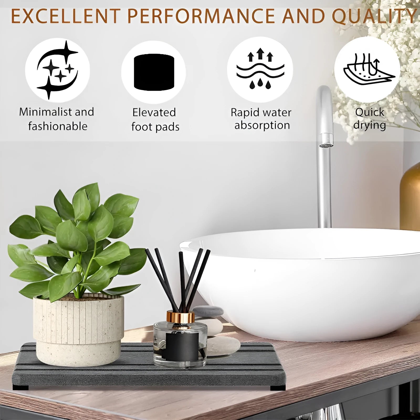 Square solid colour diatom oil bathroom countertop draining mat in three colour options