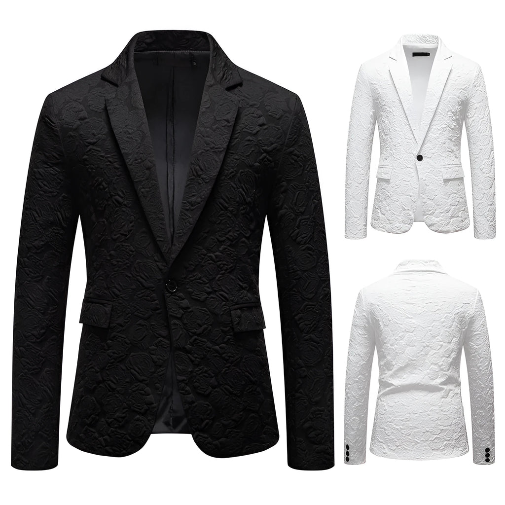 Slim-fit groom suit top in black with bag cover seam pocket, polyester blend, front view on mannequin