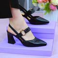 Women's apricot coloured pigskin leather sandals with a closed toe, backless design and a chunky heel.