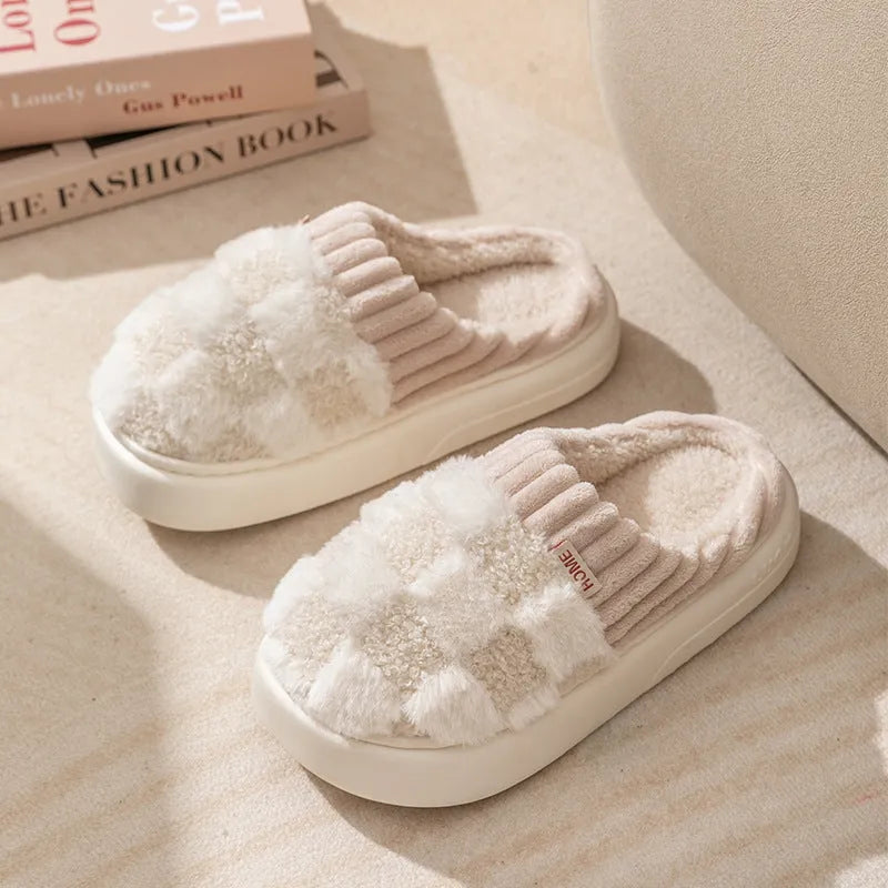 Plaid pattern women's plush slippers with round toe and non-slip sole in multiple colours