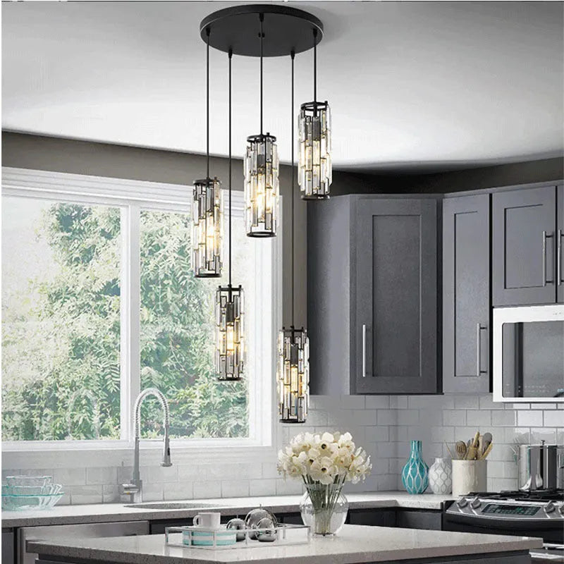 Black single head LED droplight with clear crystal lighting element in American industrial style