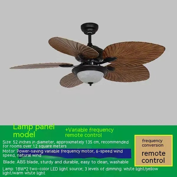 Retro-style brown and copper ceiling fan light with wooden blades and integrated lights.