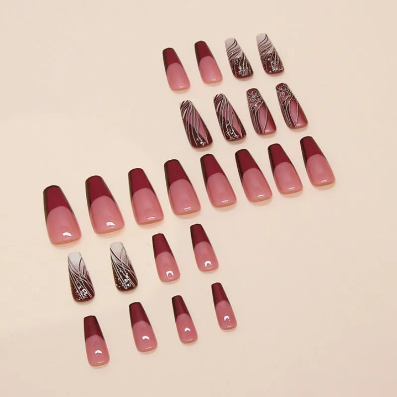 Set of 24 French line pattern artificial nail stickers with glue tube.