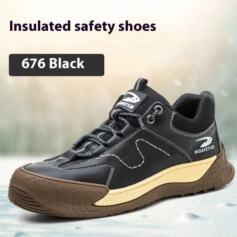 Flyknit work safety shoes in leather with rubber sole for construction and warehouse use