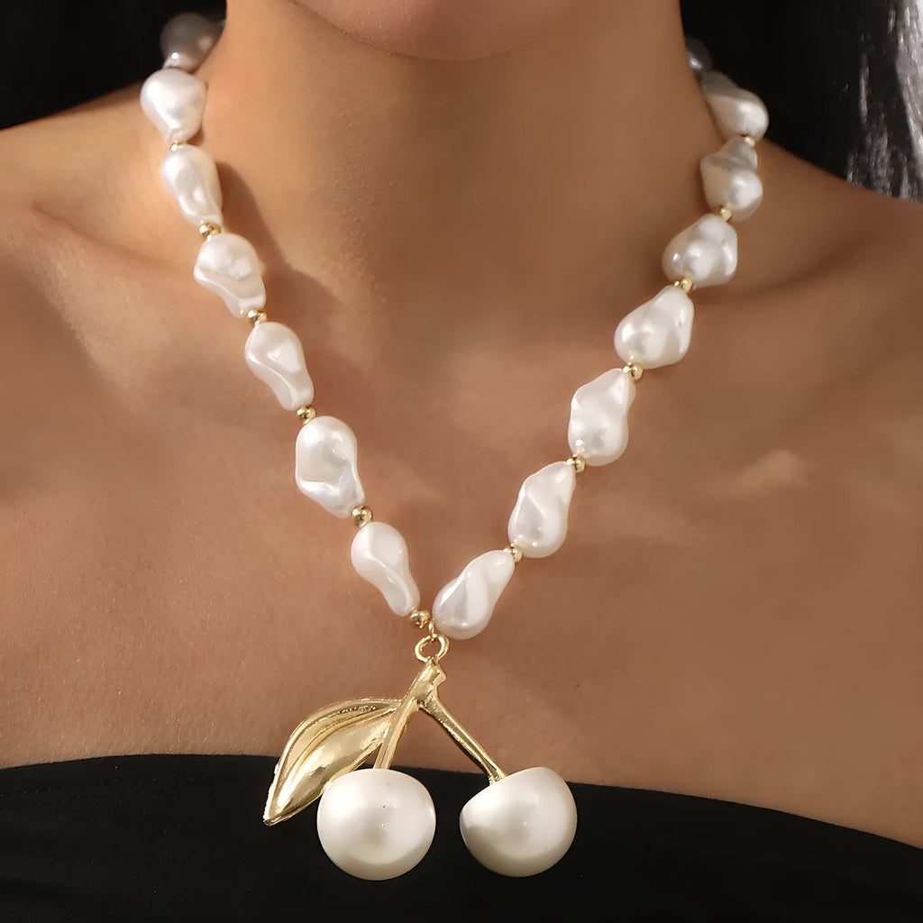 Creative cherry fruit necklace for women with adjustable length and electroplated gold or white K finish