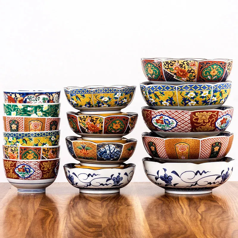4-inch ceramic bowls with Japanese retro peony patterns in various colours including golden and green