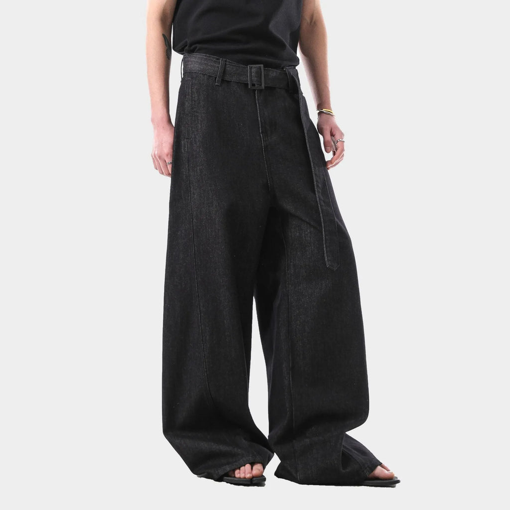 Black American retro high waist straight leg jeans with gold accents on a zip fly.