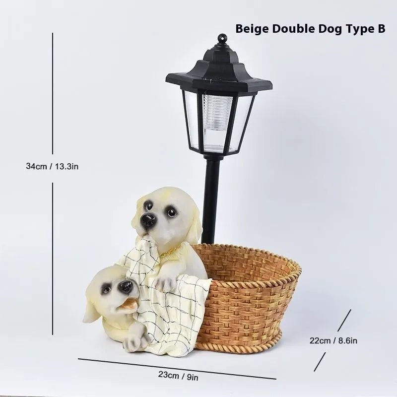Solar hexagonal garden lamp with decorative resin figurine on plastic base for outdoor pathway lighting
