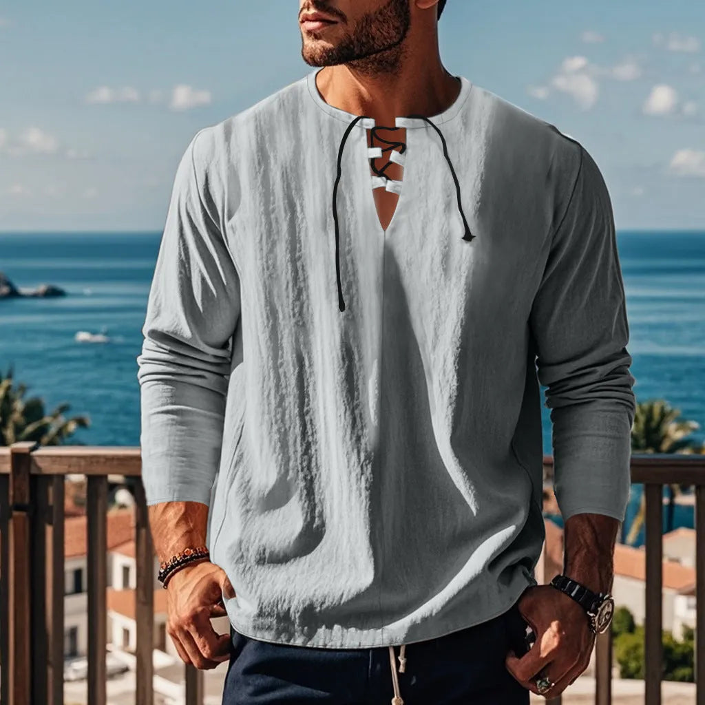 Cotton blend casual pullover shirt in solid colour with loose fit for leisure wear