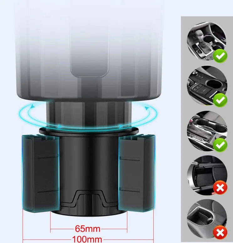 Matte black car cup holder expander with adjustable base for large bottles and cups.