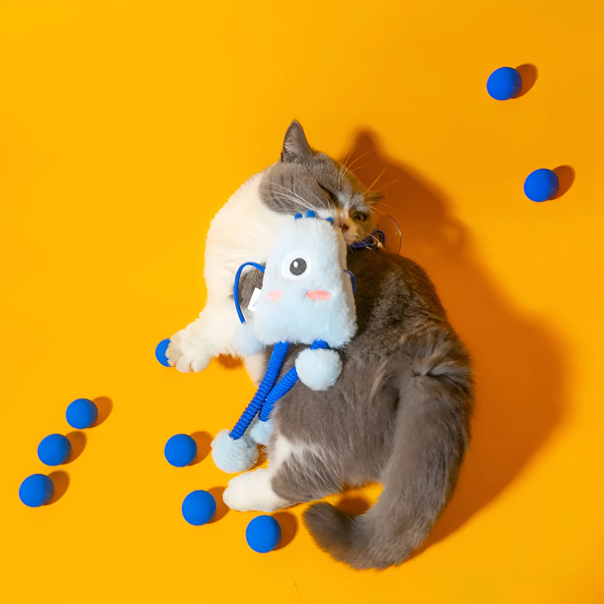 Blue plush ring cat toy with elastic rope and a mint-coloured bell, shown on a white background.