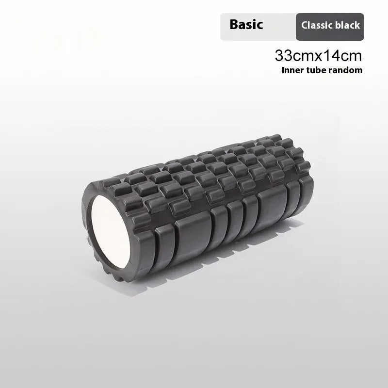 EVA foam roller for fitness in black, grey, pink, sky blue, or light purple, showing 30cm and 33cm size options.