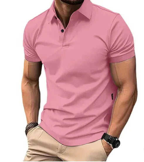 Men's slim fit solid colour cotton blend short sleeve button-down shirt on a hanger.
