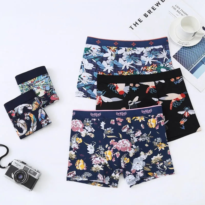 Purified cotton men's boxer briefs in a floral pattern showing mid waist and U-shaped pouch design.