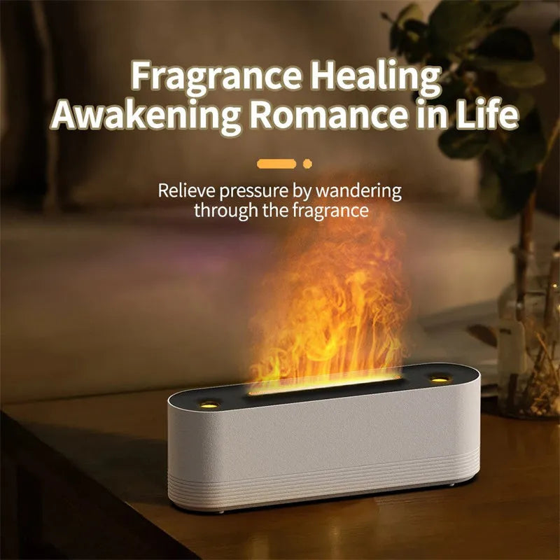 Black ultrasonic humidifier with LED flame lighting and water mist emission