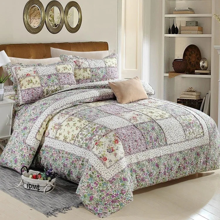 Washed pure cotton quilted bedspread and pillowcase set in a Korean style, showing textured non-slip surface.