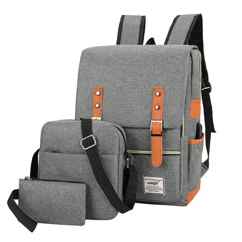 Three-piece Oxford cloth business backpack set with curved shoulder straps in wine red colour