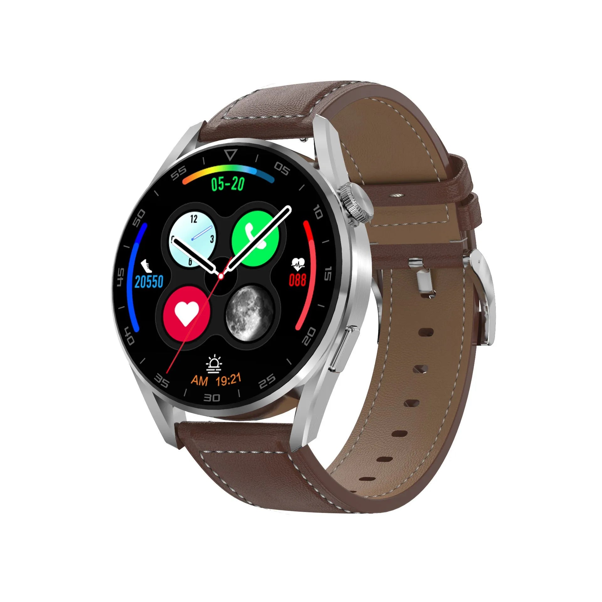 Bluetooth smart watch with metal wristband showing 1.3-inch IPS touch screen displaying call and QR code functions