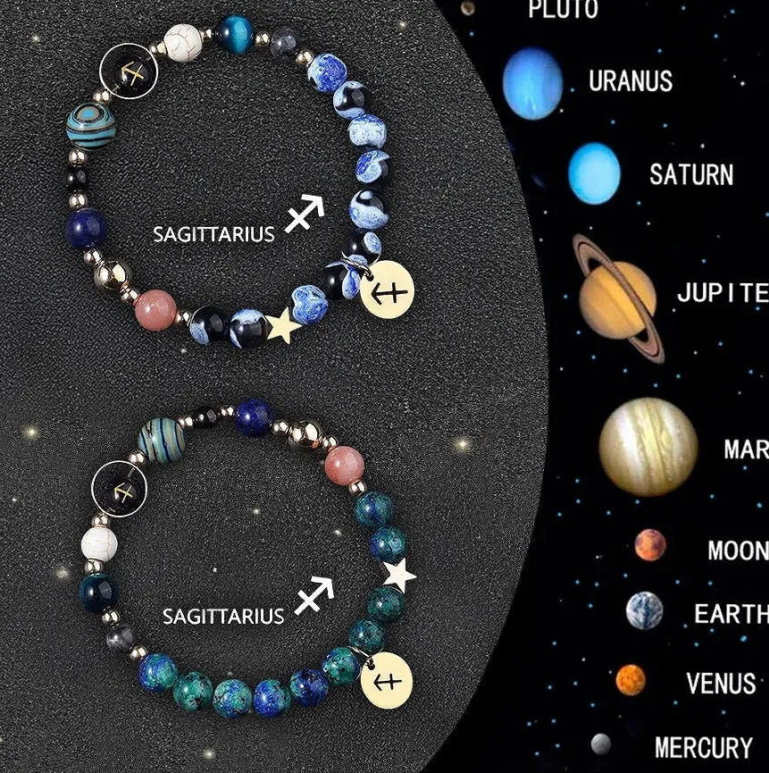 Two natural stone beaded bracelets showing Chinese zodiac animal signs including dragon and rabbit symbols