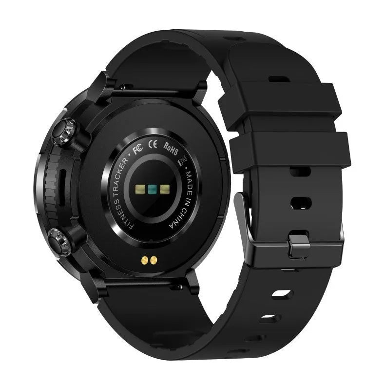 T30 smartwatch on wrist showing display, with Bluetooth calling and health monitoring features.