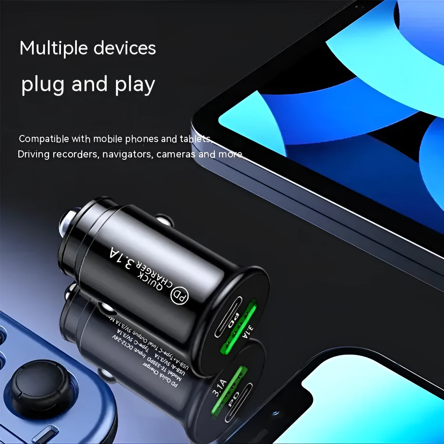 Dual port car charger converter with USB outputs for vehicle cigarette lighter socket in black or white bare metal finish