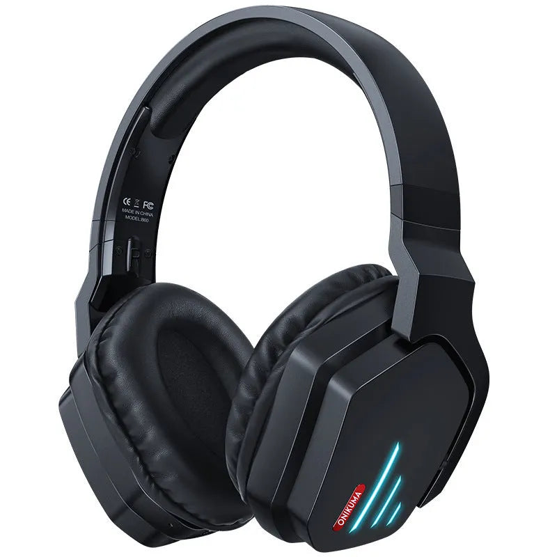 Luminous black wireless gaming headphones with head-mounted design showing LED lighting elements