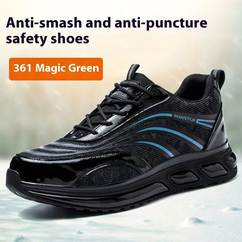 Anti-smashing labour protection shoes in orange, grey, green and yellow with leather uppers and rubber soles