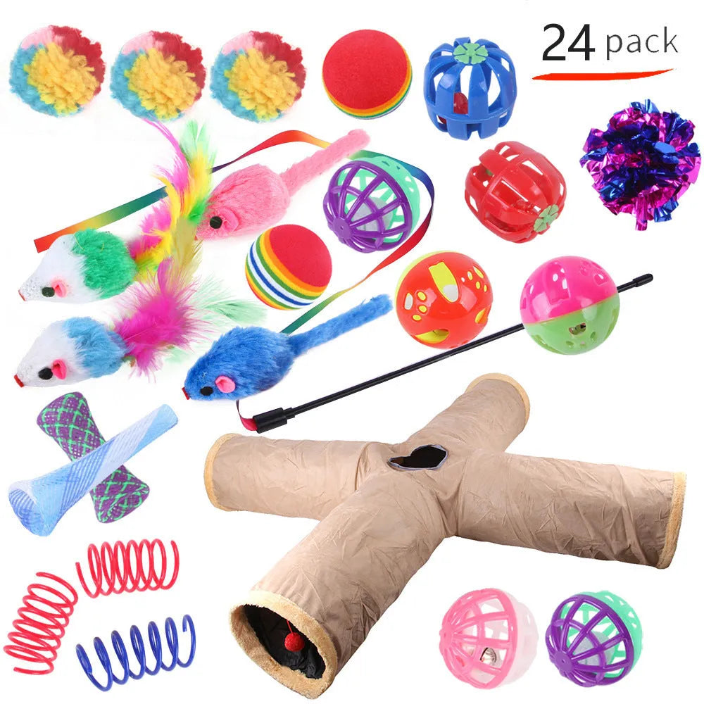 Plastic cat toy channel maze set with coloured accessories for feline play