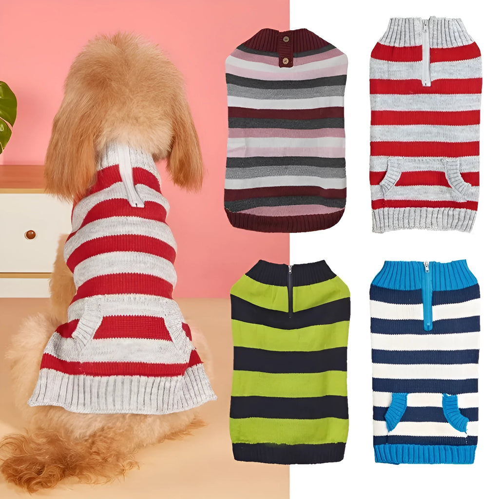 Grey acrylic dog sweater with horizontal blue zipper and button pocket for small medium dogs
