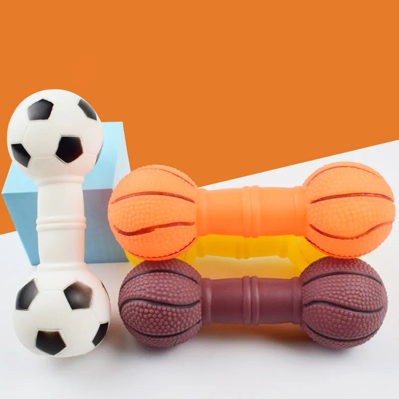 Brown football dumbbell shaped dog chew toy with squeaker