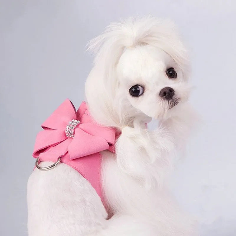 Cute fashion bowknot puppy chest strap harness in microfiber available in pink blue orange colours