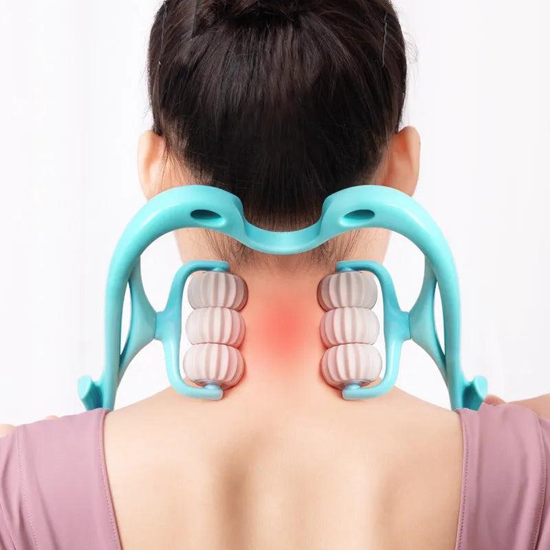 Blue plastic handheld massager with six rolling wheels for neck and shoulders.