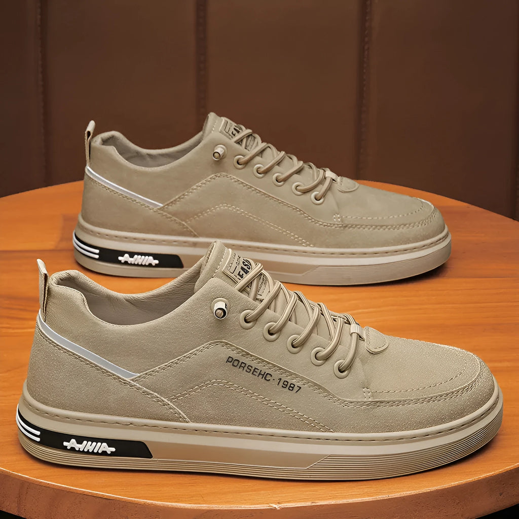 Men's waterproof casual work shoes with rubber soles in black, gray, and khaki colour options