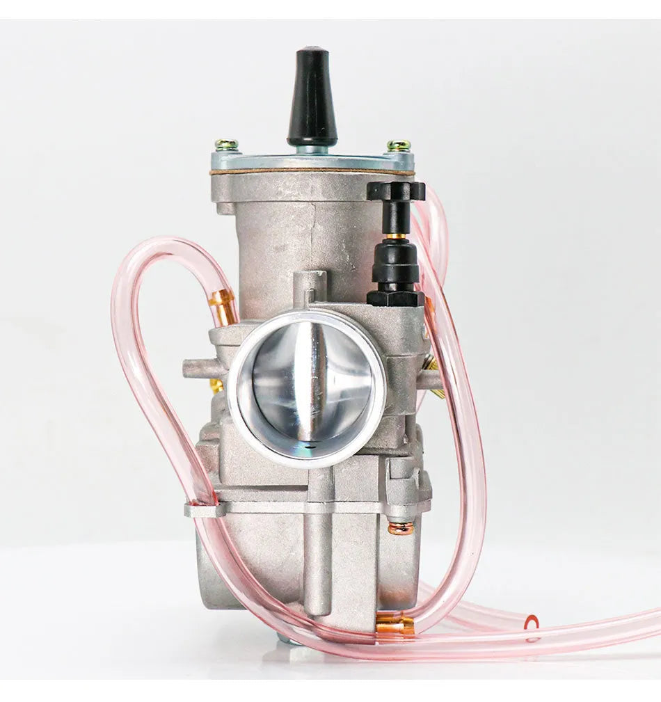 PWK sandblasted motorcycle carburetor for performance modification, showing seven size options from 21mm to 34mm.