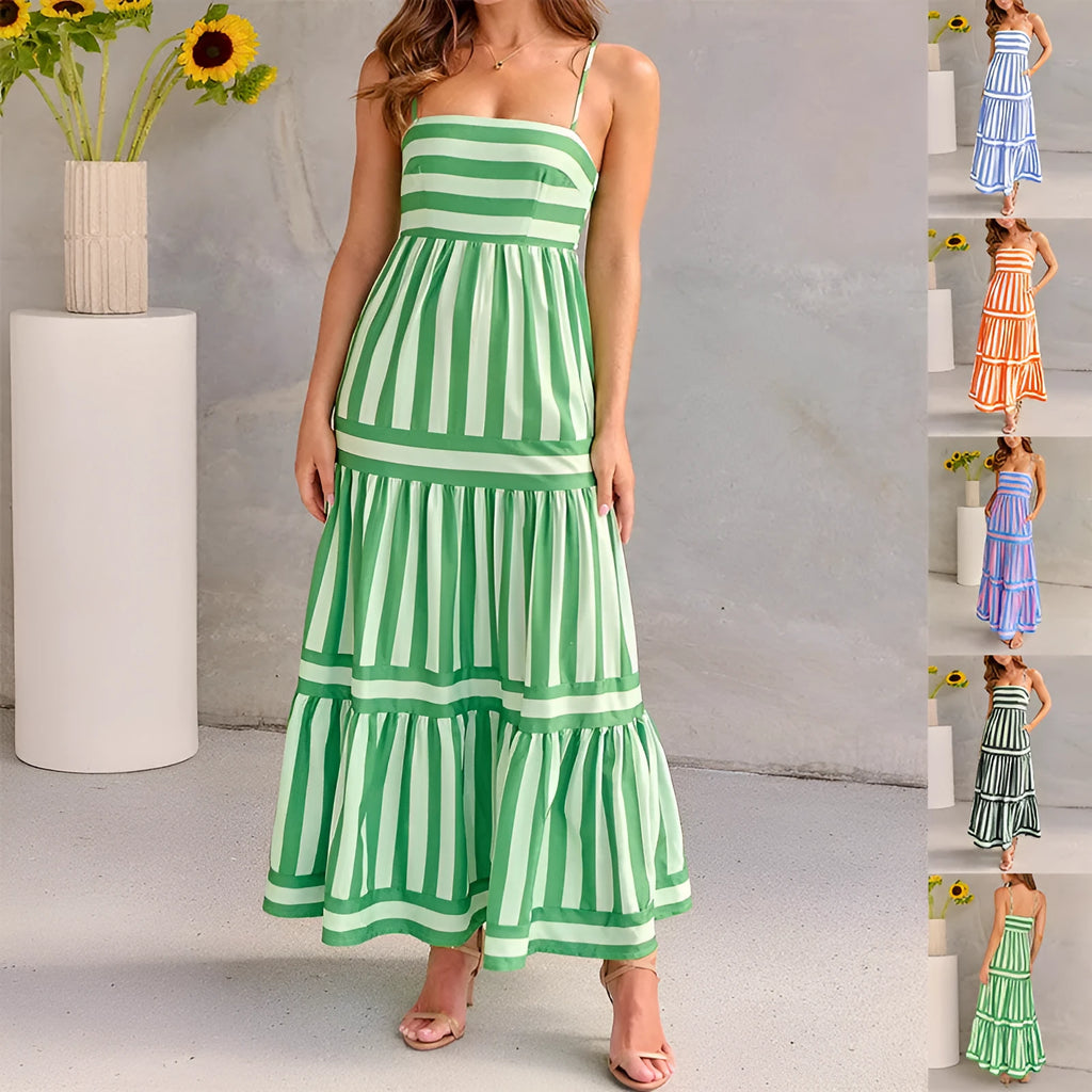 Women's striped printed summer dress with suspender straps and side pockets in blue colour
