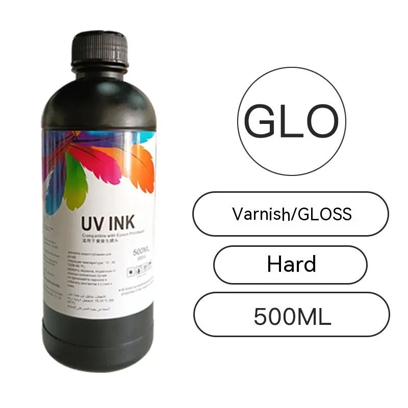 500ml bottle of Epson UV printer ink for XP600 TX800 F186000 F189000 models, showing colour options.