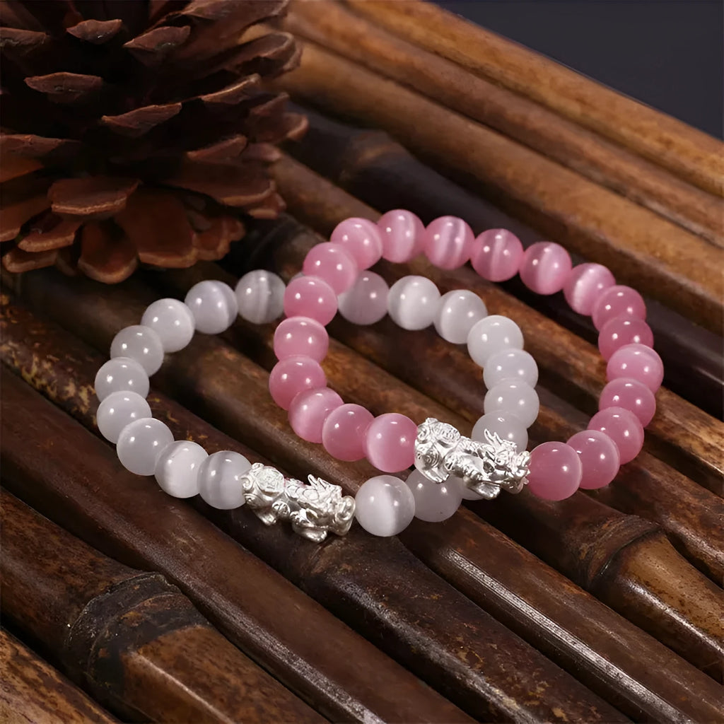 Natural crystal stone powder cat eye bracelet hand-woven silver with pink cat eye stones