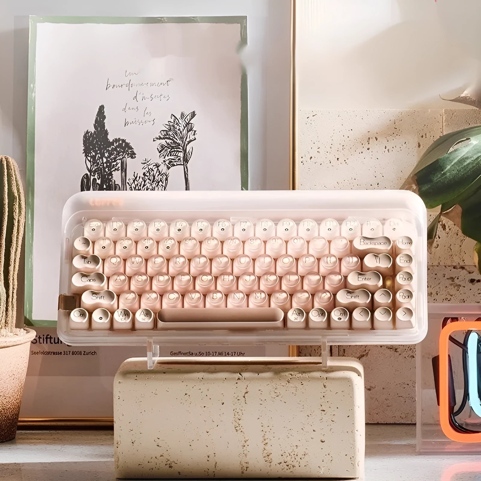 Liquid Foundation wireless 84-key mechanical keyboard, mouse, pick-up light, and Bluetooth calculator set on a desk.